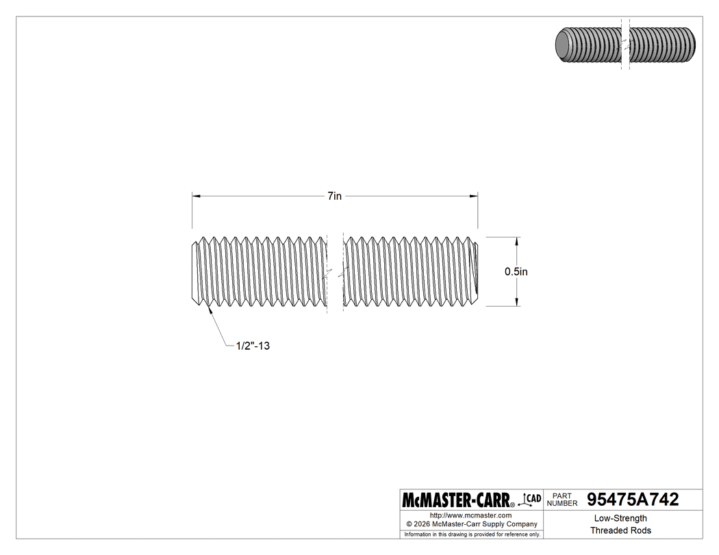 Technical Drawing of Zinc-Plated Low-Strength Steel Threaded Rod, 1/2"-13 Thread Size, 7" Long.
